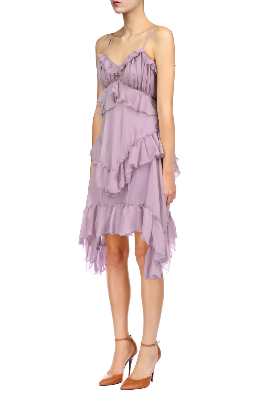 Lavender Silk Chiffon Dress With Tiered Ruffles