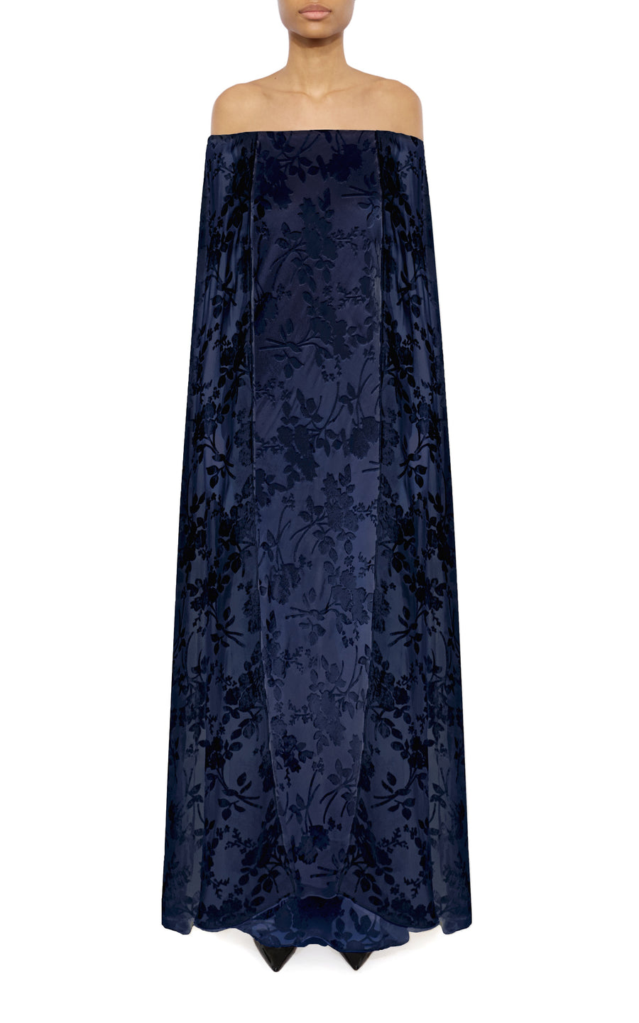 Navy Floral Velvet Devoré Off the Shoulder Cape Gown
