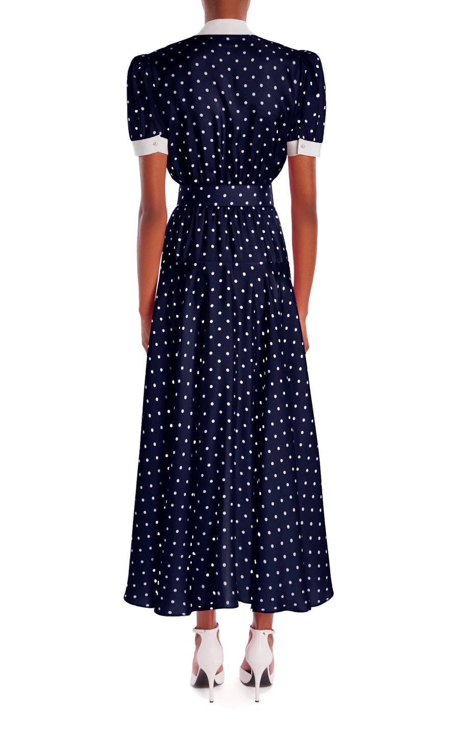 Navy Polka Dot Silk Silk Twill Collared Dress With Belt