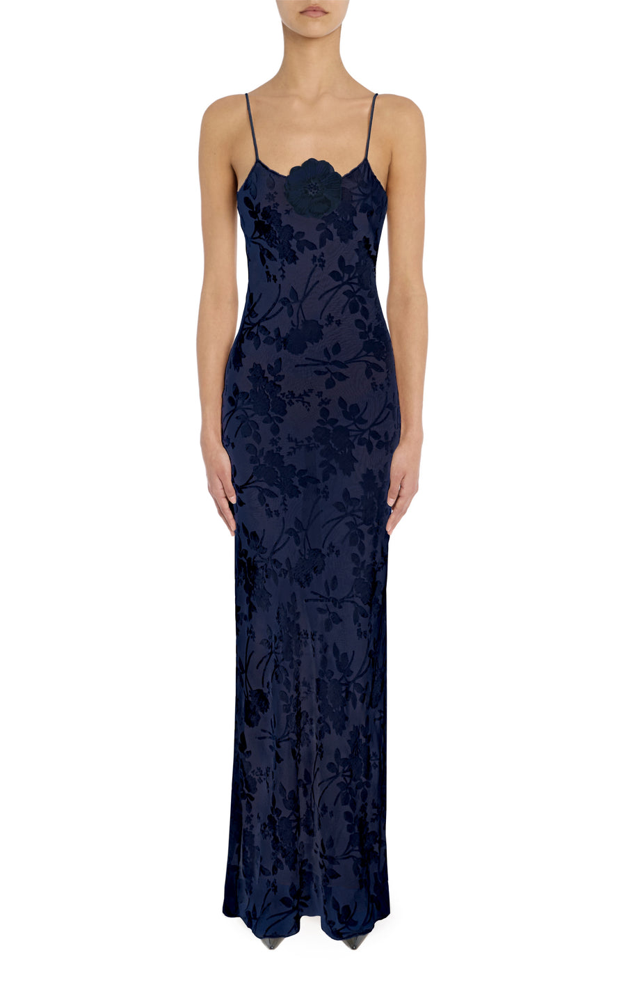 Navy Velvet Devoré Slip Gown With Silk Flower Pin