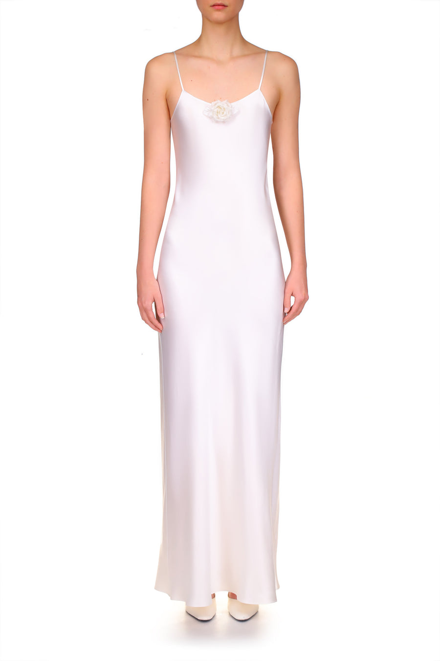 Off White Silk Satin Bias Slip Gown With Silk Flower