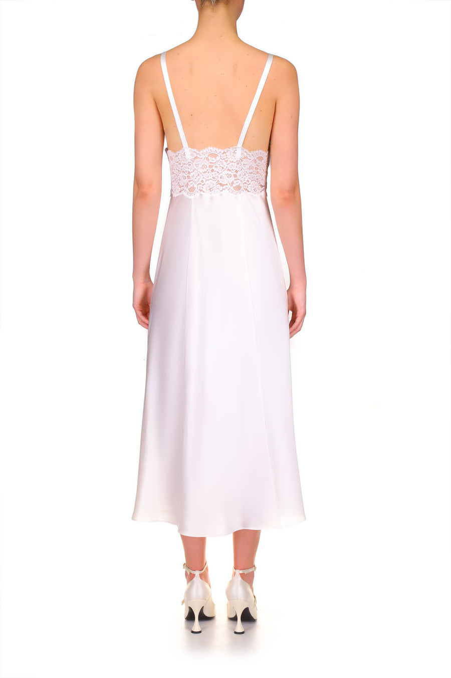 White Silk Satin And Lace Bias Slip Dress With Slit and Rose