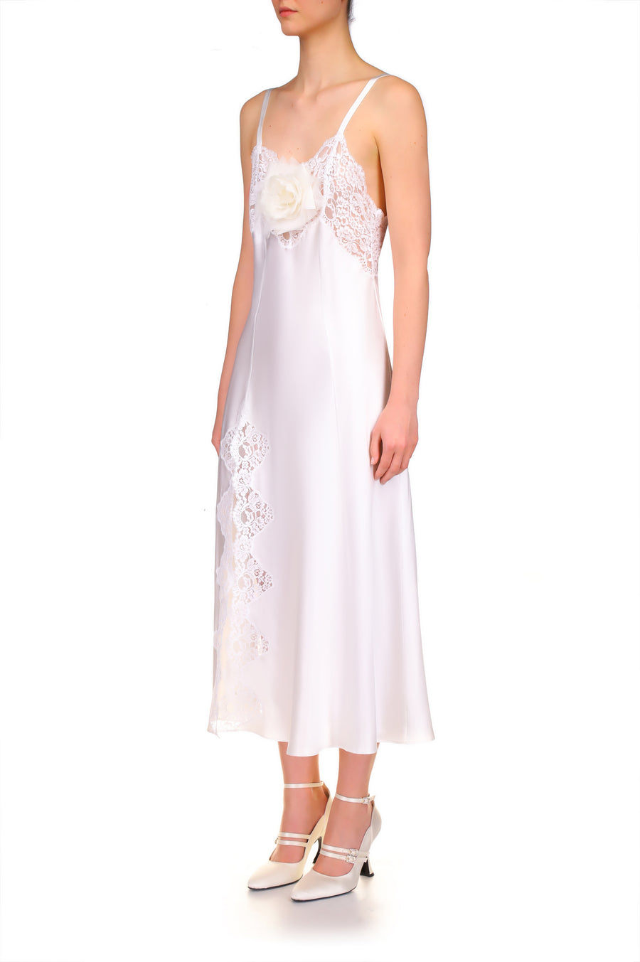 White Silk Satin And Lace Bias Slip Dress With Slit and Rose – Rodarte