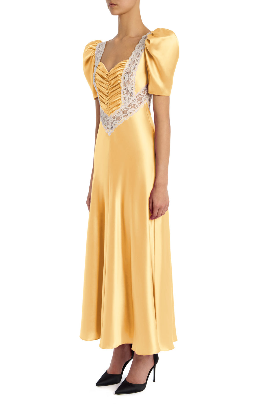 Yellow Silk Satin Bias Dress With Off White Lace Bodice Detai – Rodarte