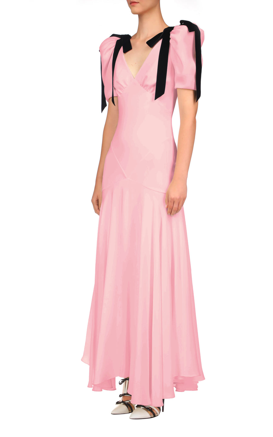 Pink Silk Crepe Bias Dress With Black Velvet Bow Detail