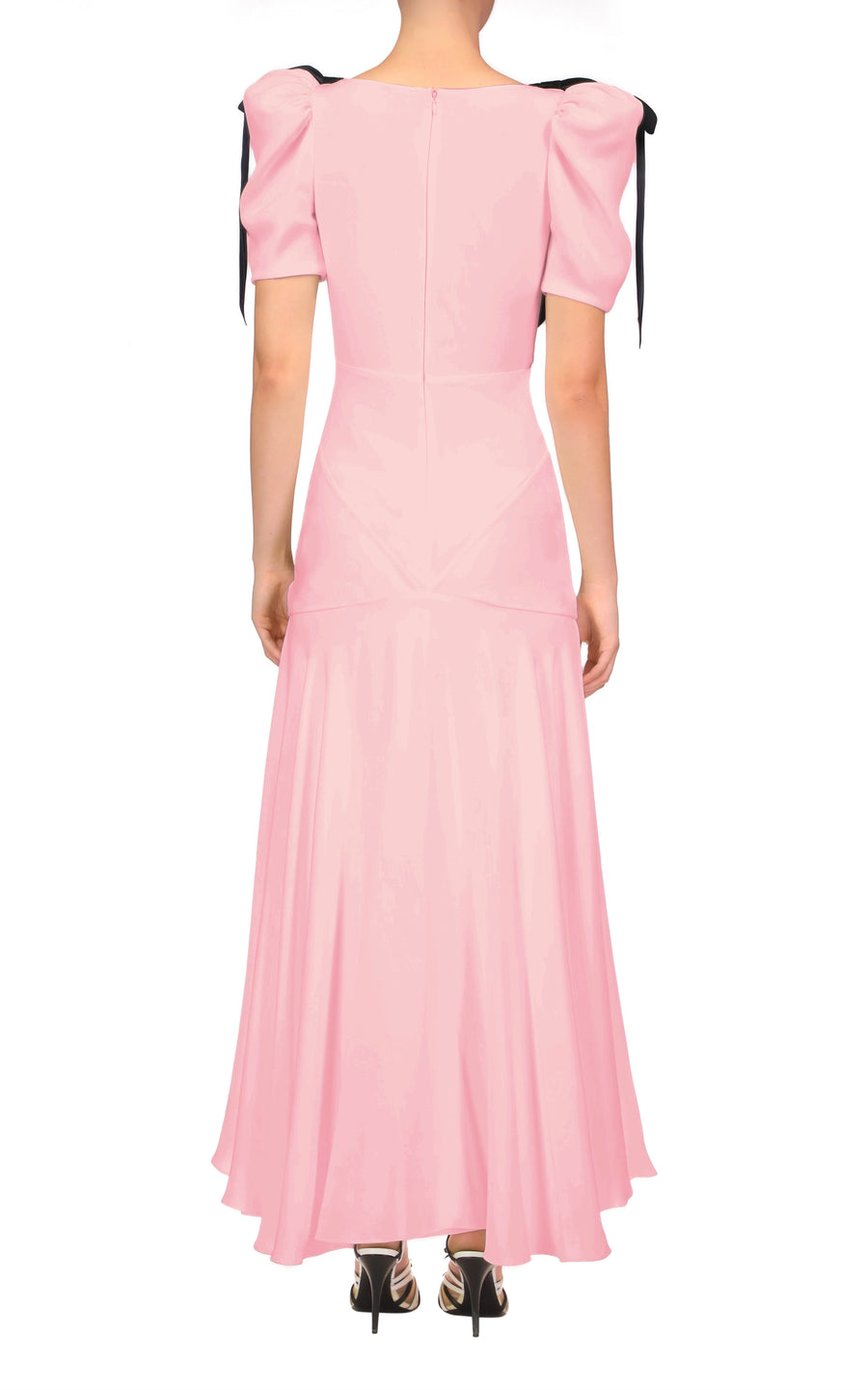 Pink Silk Crepe Bias Dress With Black Velvet Bow Detail