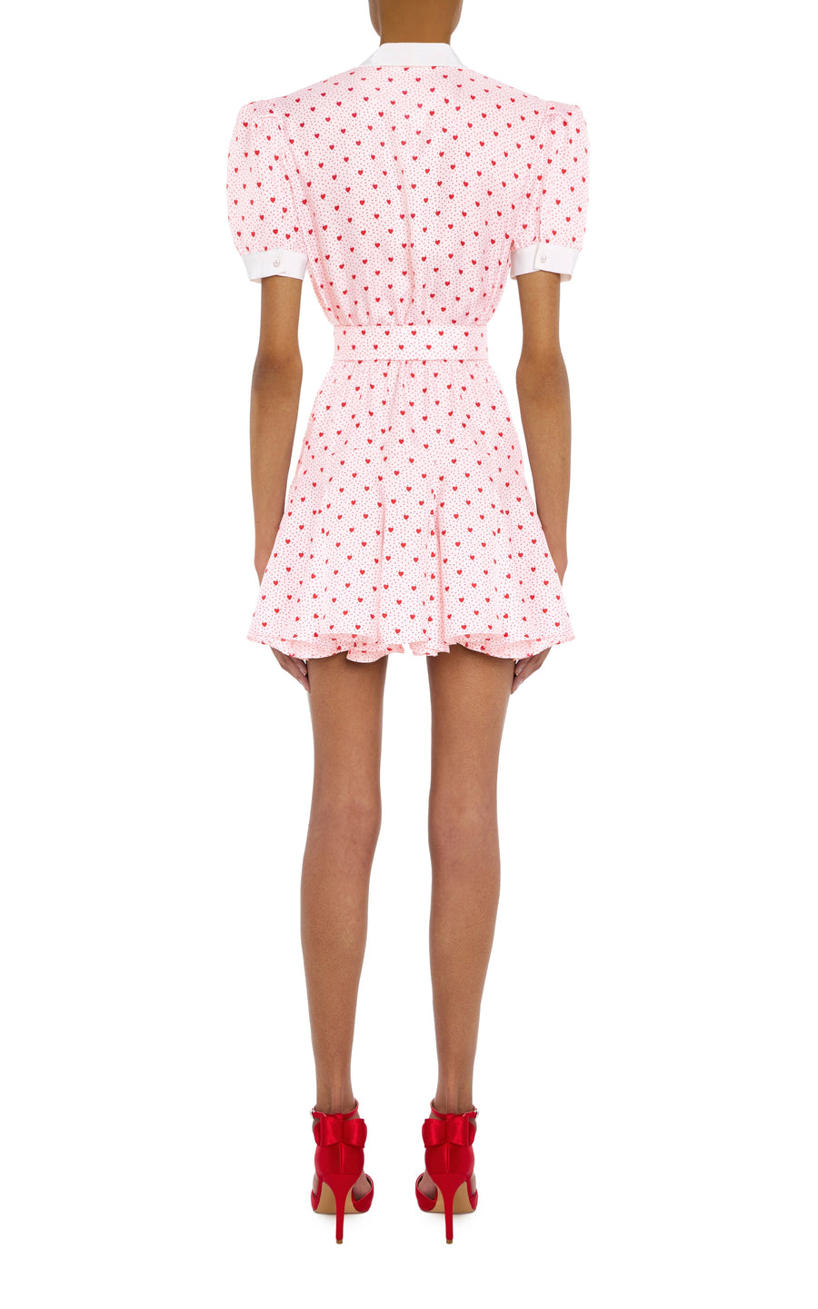 Pink And Red And Polka Dot Heart Print Silk Twill Collared Mini Dress With Belt Detail and Flower