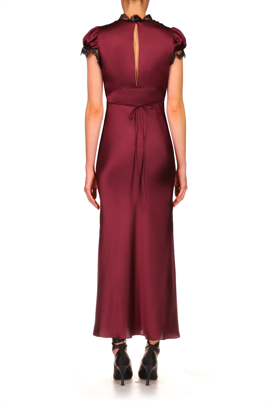 Burgundy Silk Satin Bias Dress With Lace And Ruffle Details