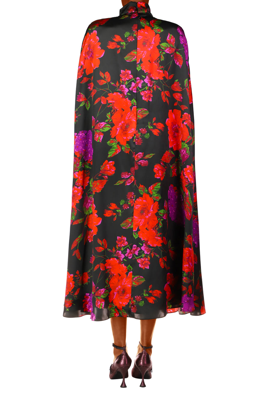 Red and Purple Floral Silk Satin Cape Dress