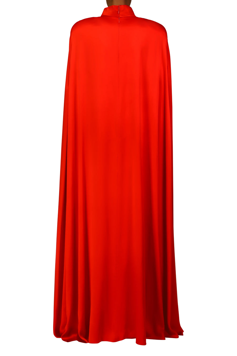 Red Silk Satin Cape Gown with Flower Pin