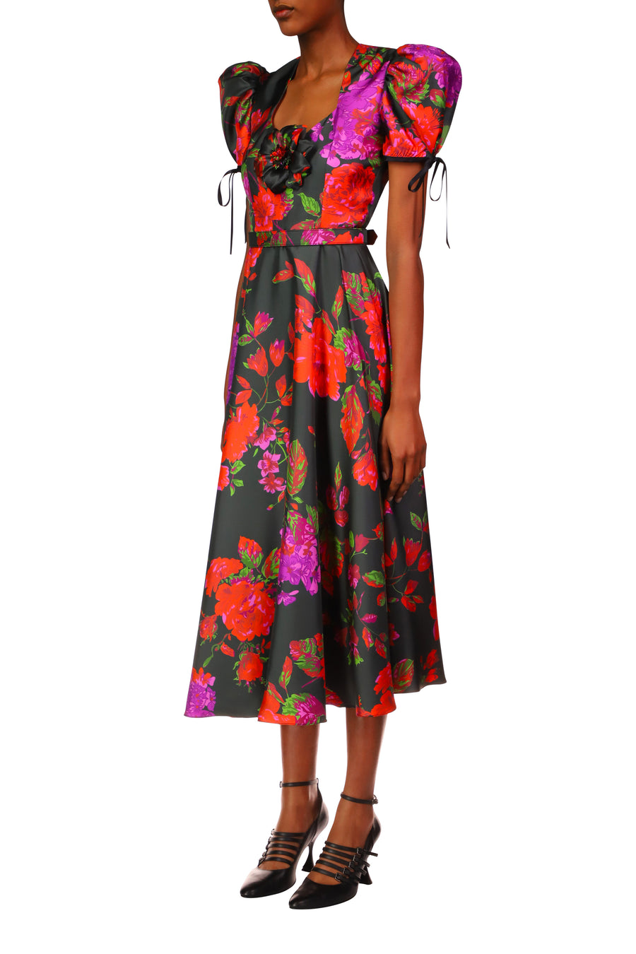 Floral Printed Twill Dress With Silk Flower