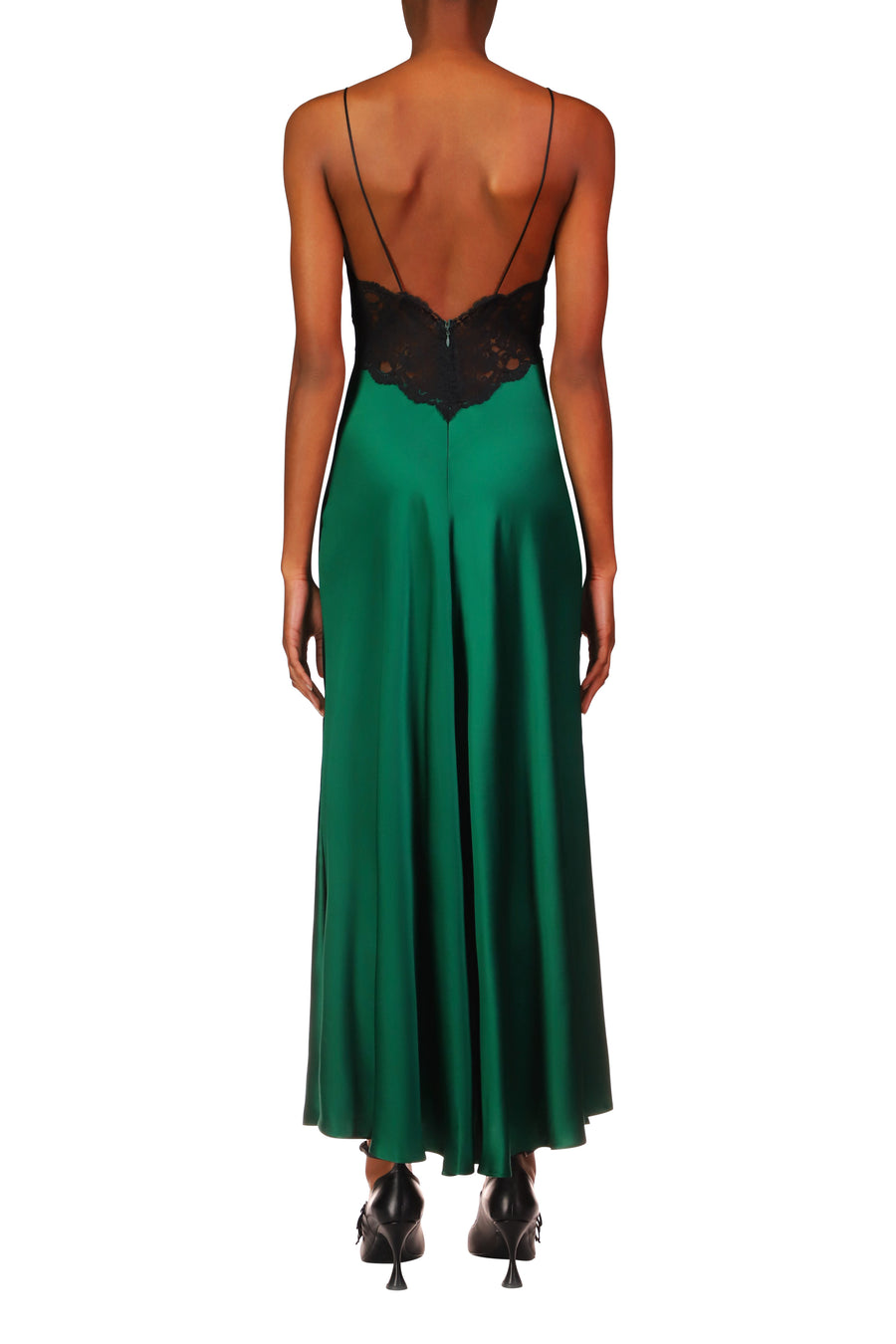 Green Silk Charmeuse Bias Dress With Black Lace