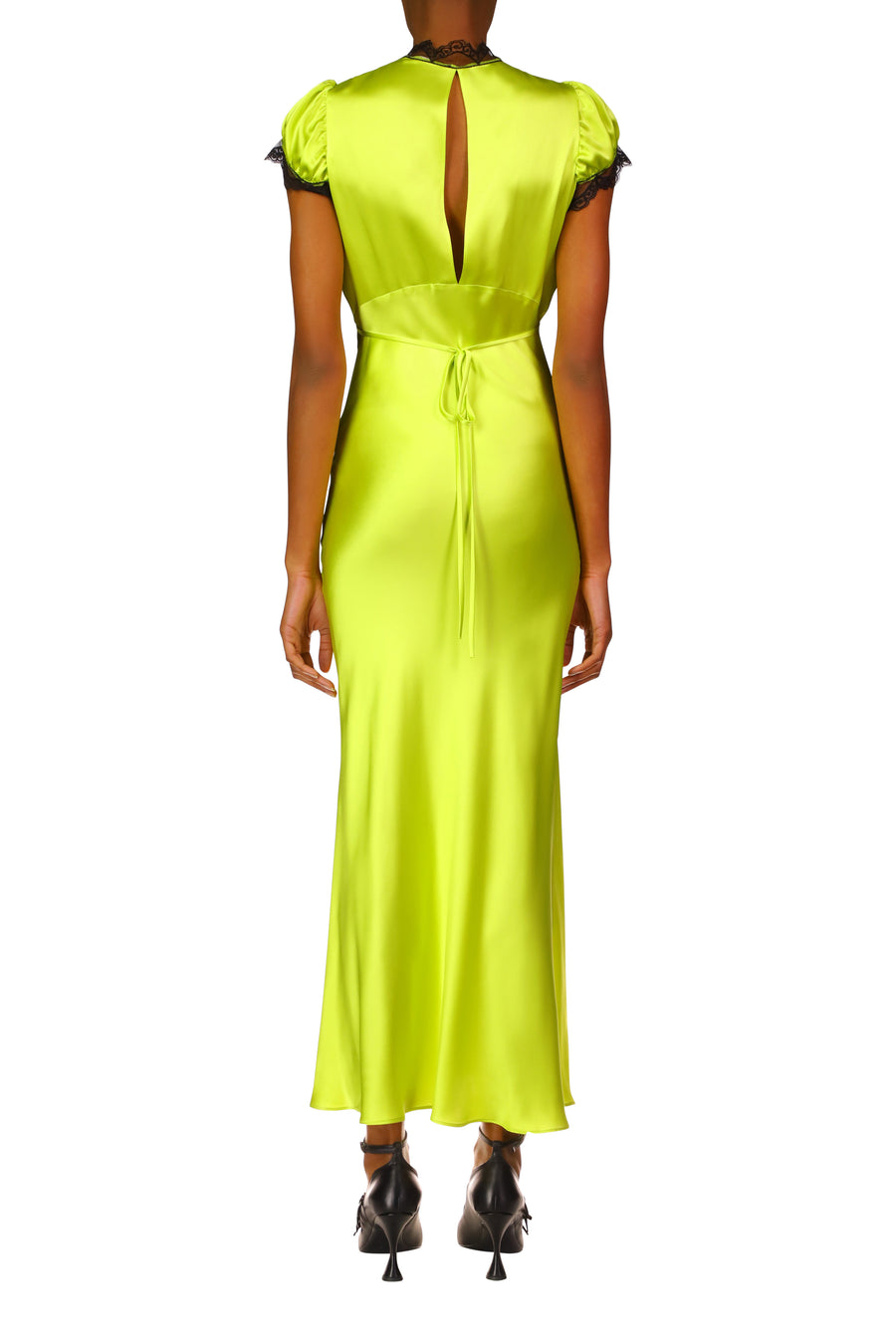 Chartreuse Silk Satin Bias Dress With Lace And Ruffle Details