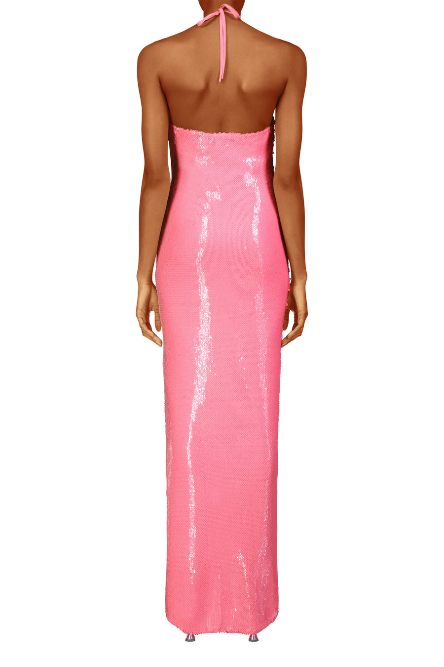 Pink Sequin Halter Gown With Flower Detail