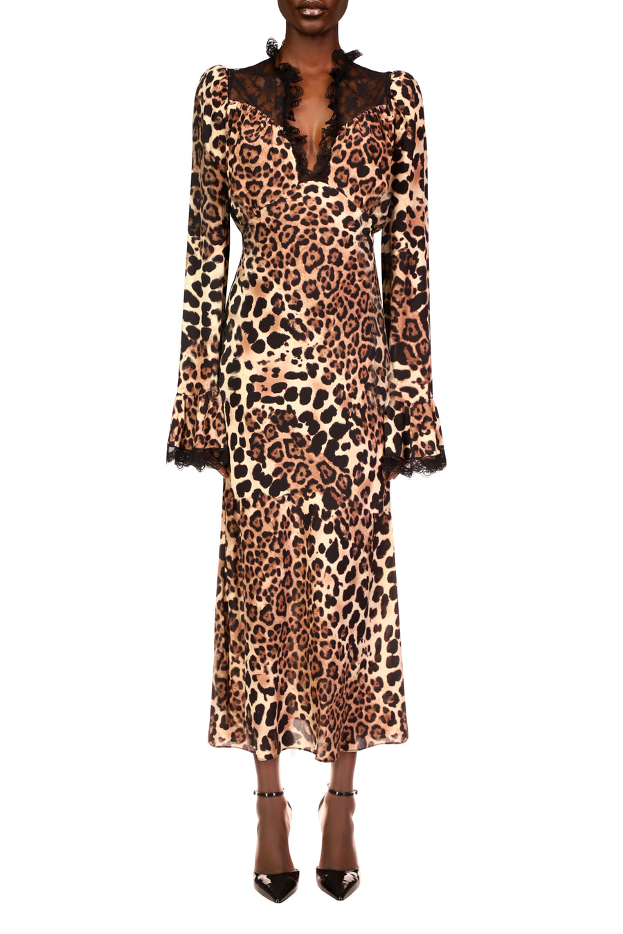 Leopard Printed Silk Bias Dress With Bell Sleeves