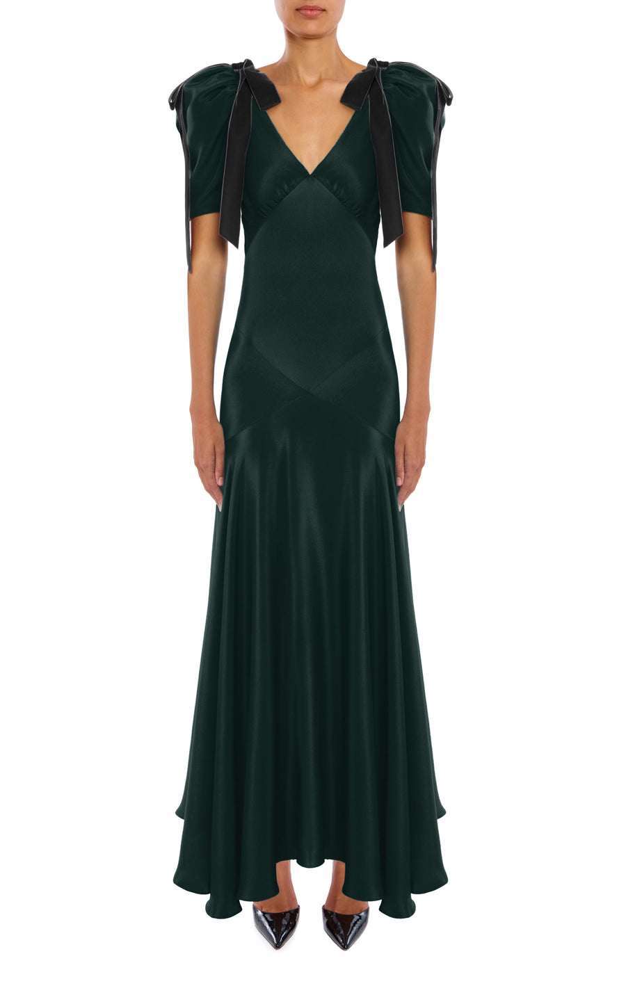 Green Silk Crepe Bias Dress With Black Velvet Bow Detail Green Silk Crepe Bias Dress With Black Velvet Bow Detail