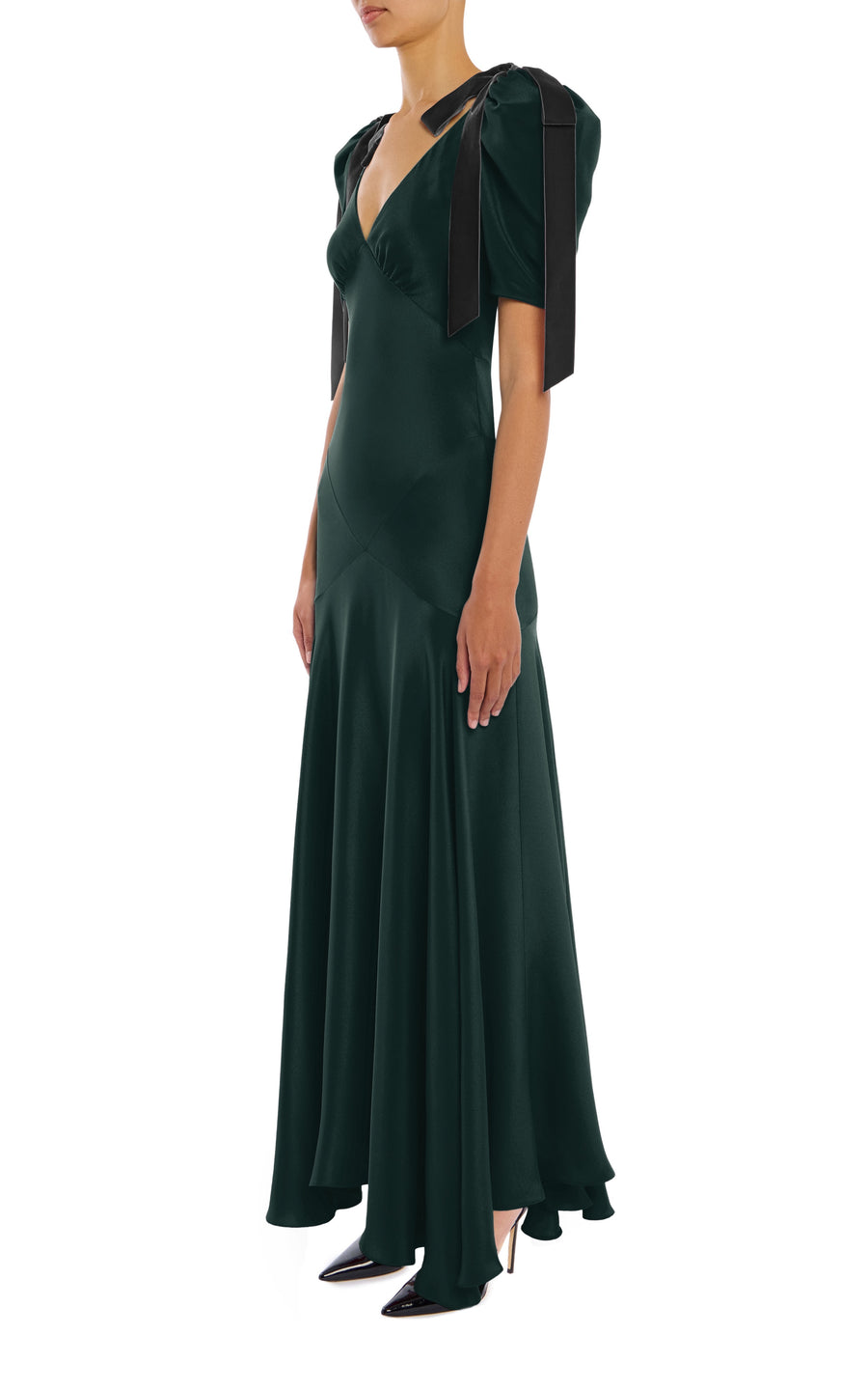 Green Silk Crepe Bias Dress With Black Velvet Bow Detail
