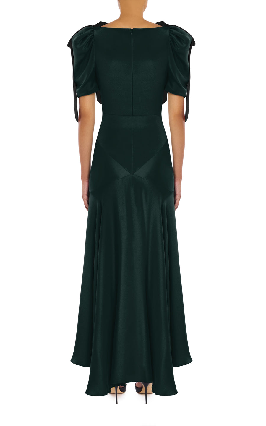 Green Silk Crepe Bias Dress With Black Velvet Bow Detail