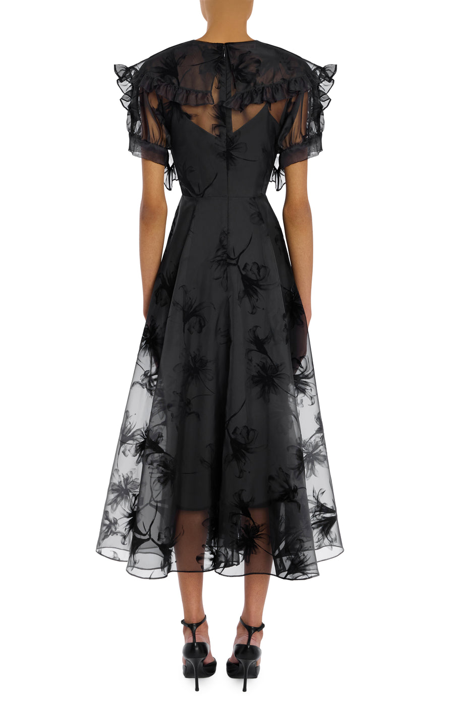 Ruffled Black Floral Motif Flocked Dress with Flower