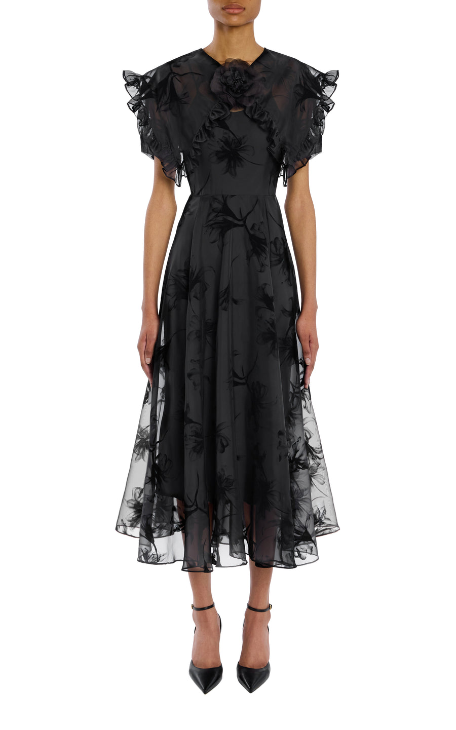 Ruffled Black Floral Motif Flocked Dress with Flower