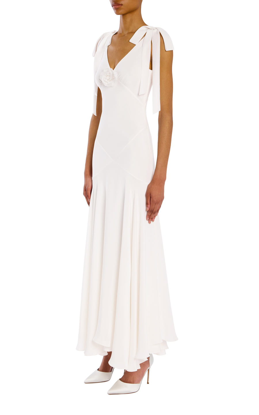 White Silk Crepe Bias Dress With White Velvet Ribbon Bow Detail