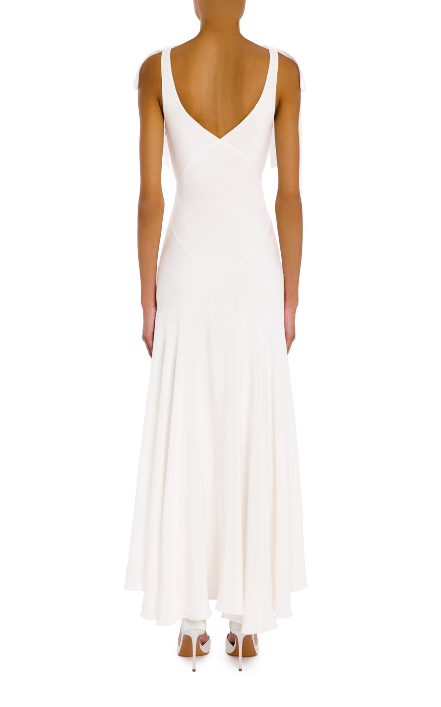 White Silk Crepe Bias Dress With White Velvet Ribbon Bow Detail