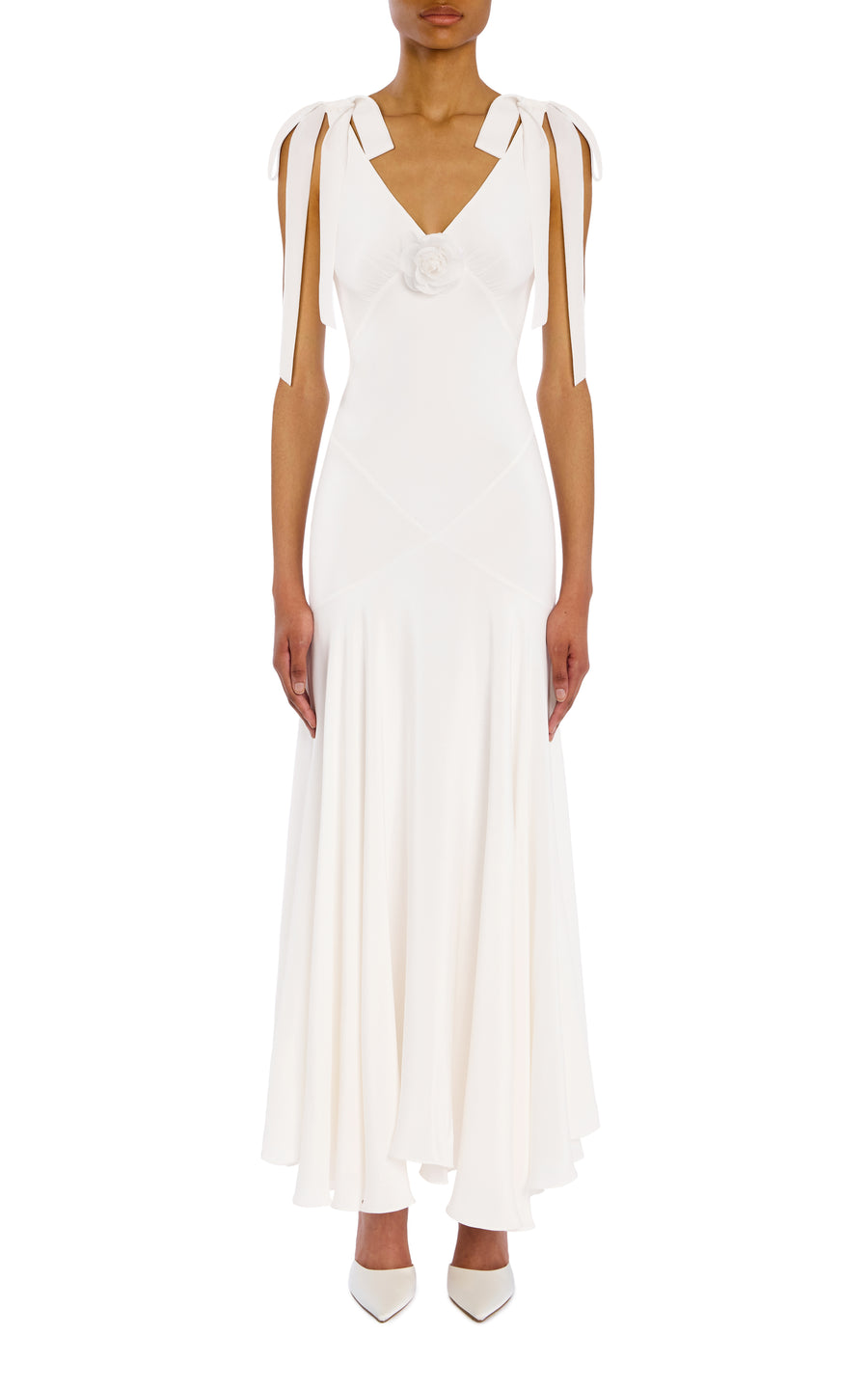 White Silk Crepe Bias Dress With White Velvet Ribbon Bow Detail