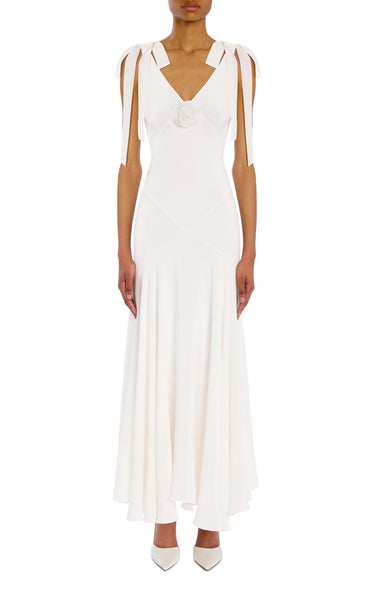 White Silk Crepe Bias Dress With Rosette And White Velvet Ribbon