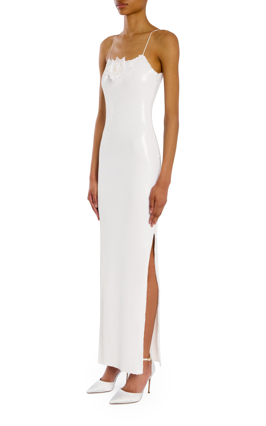 White Sequin Gown With Flower Detail