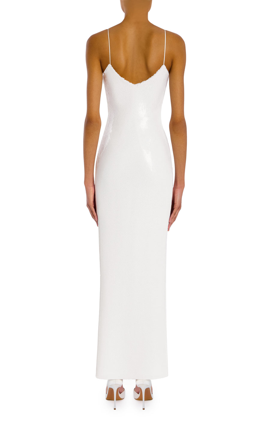 White Sequin Gown With Flower Detail