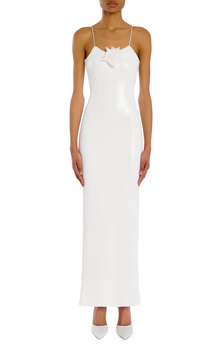 White Sequin Gown With Flower Detail