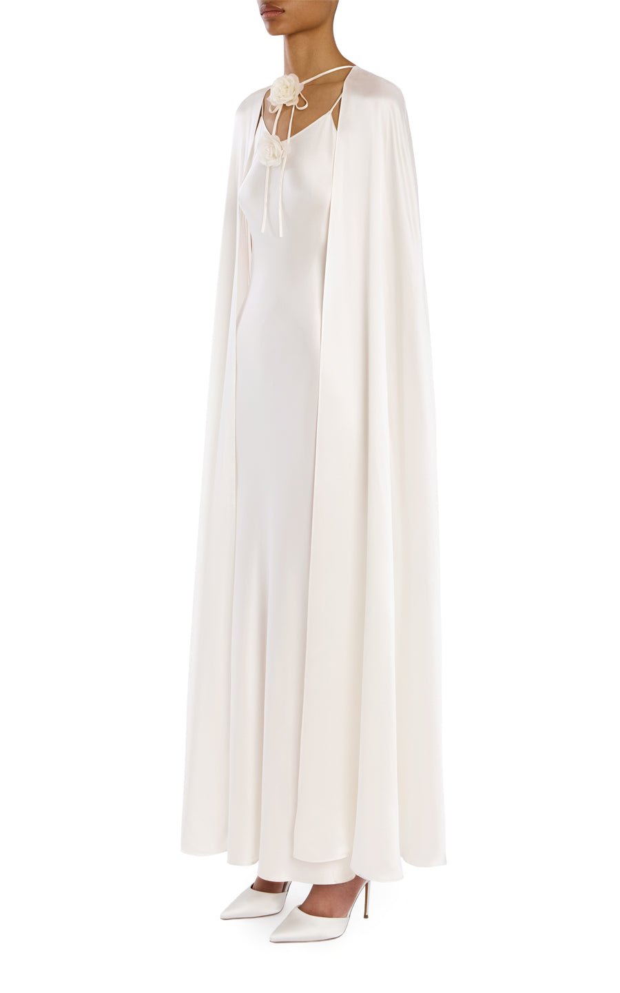 White Silk Charmeuse Cape With Silk Flower Detail