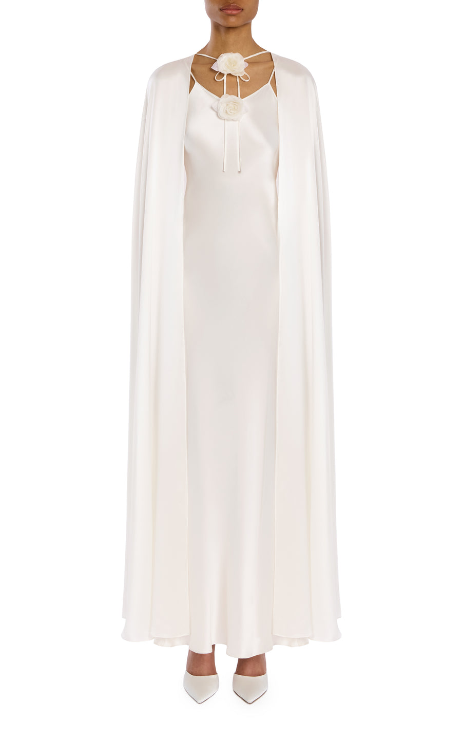 White Silk Charmeuse Cape With Silk Flower Detail
