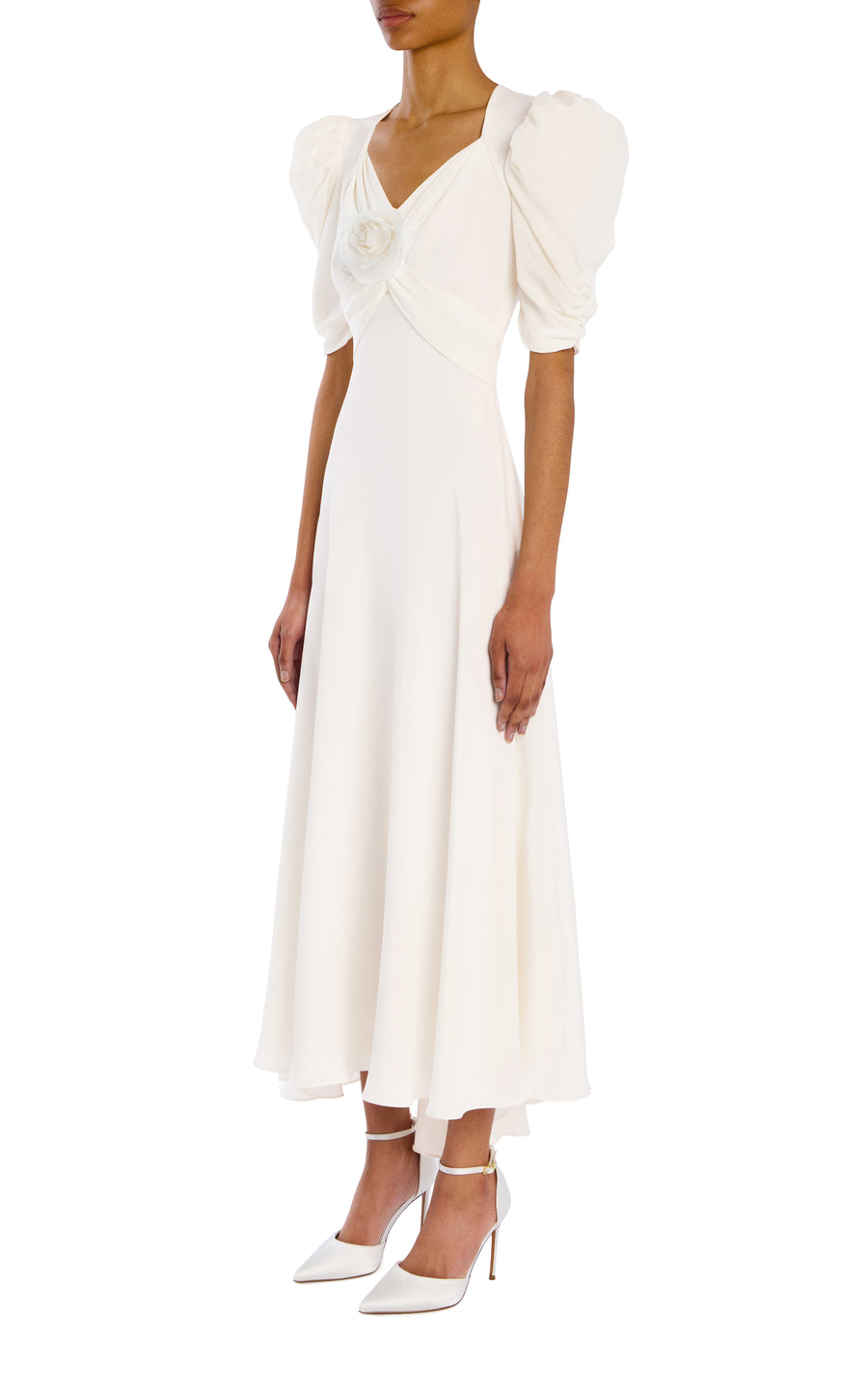 Silk Crepe Puff Sleeve Dress with Flower Rodarte Silk Crepe Puff Sleeve Dress with Flower Rodarte