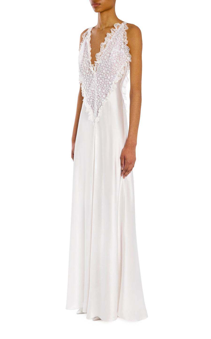 White Silk Satin Dress With Beaded Tulle And Lace Trim Detail White Silk Satin Dress With Beaded Tulle And Lace Trim Detail