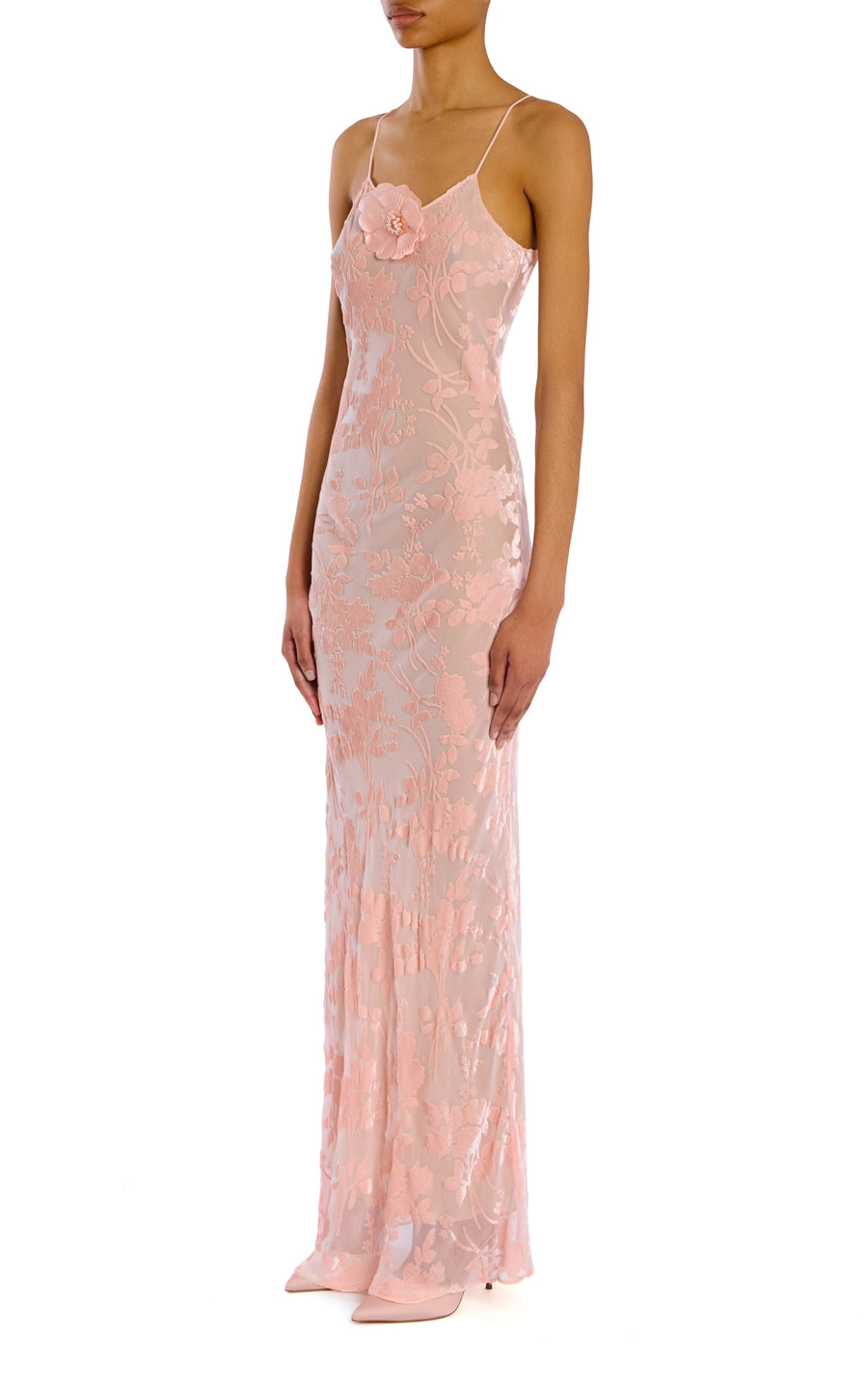 Pink Velvet Devoré Slip Gown With Silk Flower Pin