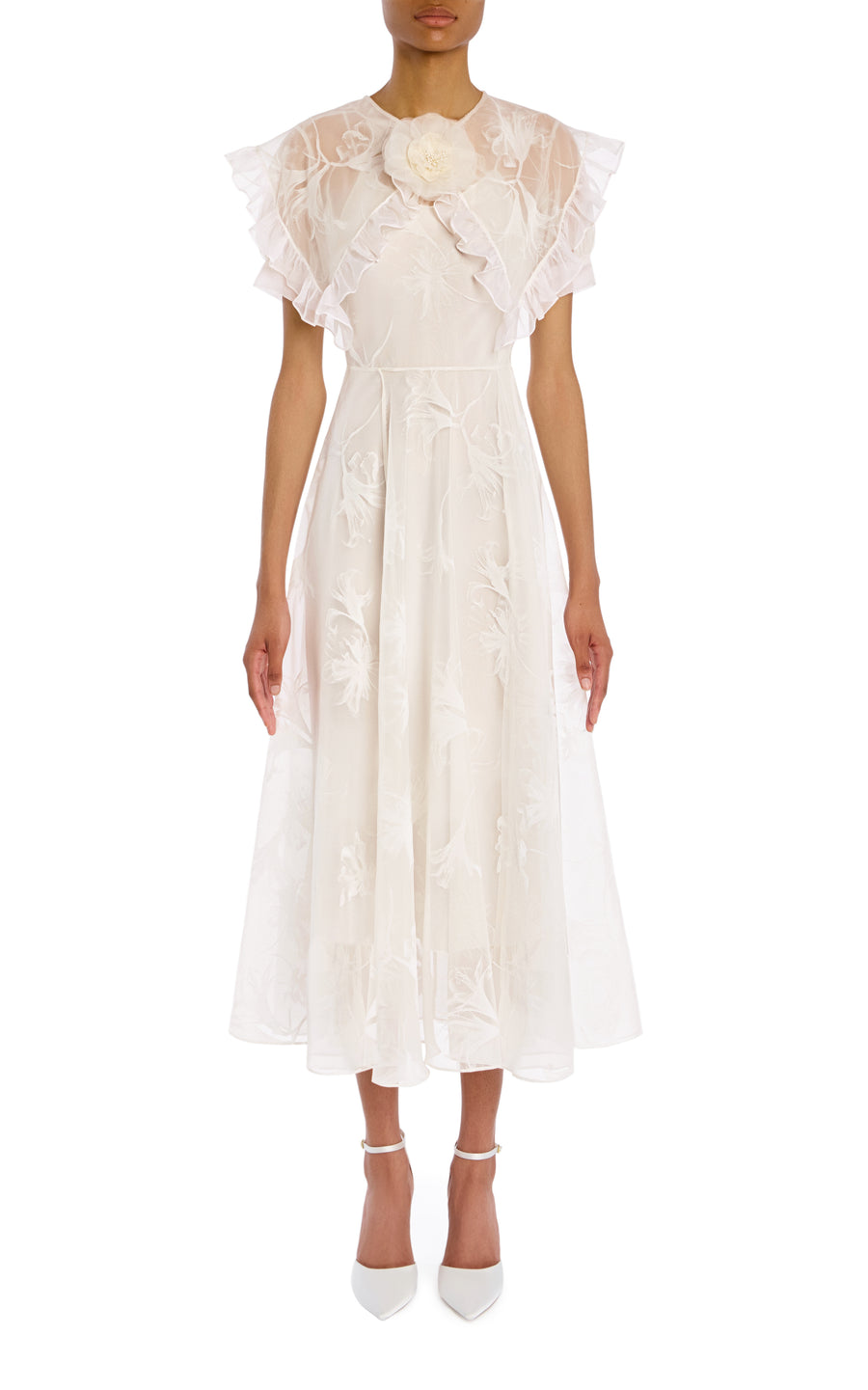 Ruffled Off White Floral Motif Flocked Dress with Flower Rodarte Ruffled Off White Floral Motif Flocked Dress with Flower Rodarte