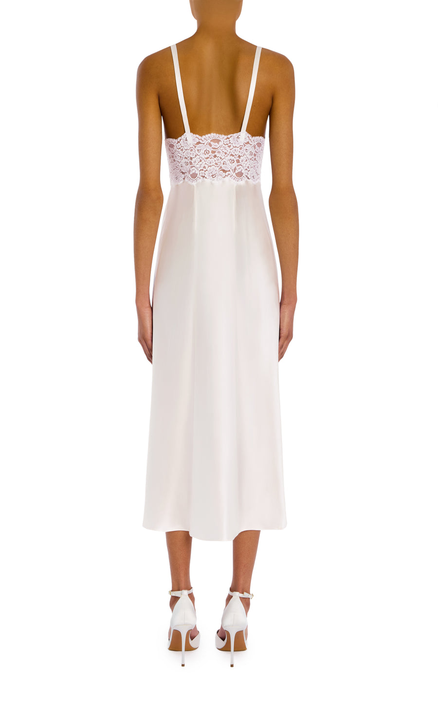 White Silk Satin And Lace Bias Slip Dress With Slit