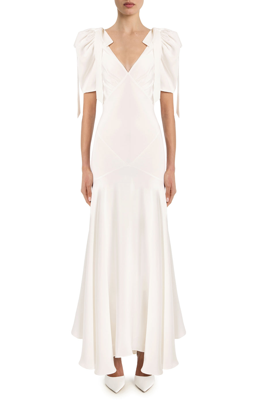 Off White Silk Crepe Bias Dress With White Velvet Ribbon Bow Details
