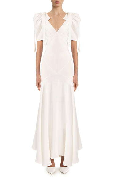 Off White Silk Crepe Bias Dress With White Velvet Ribbon Bow