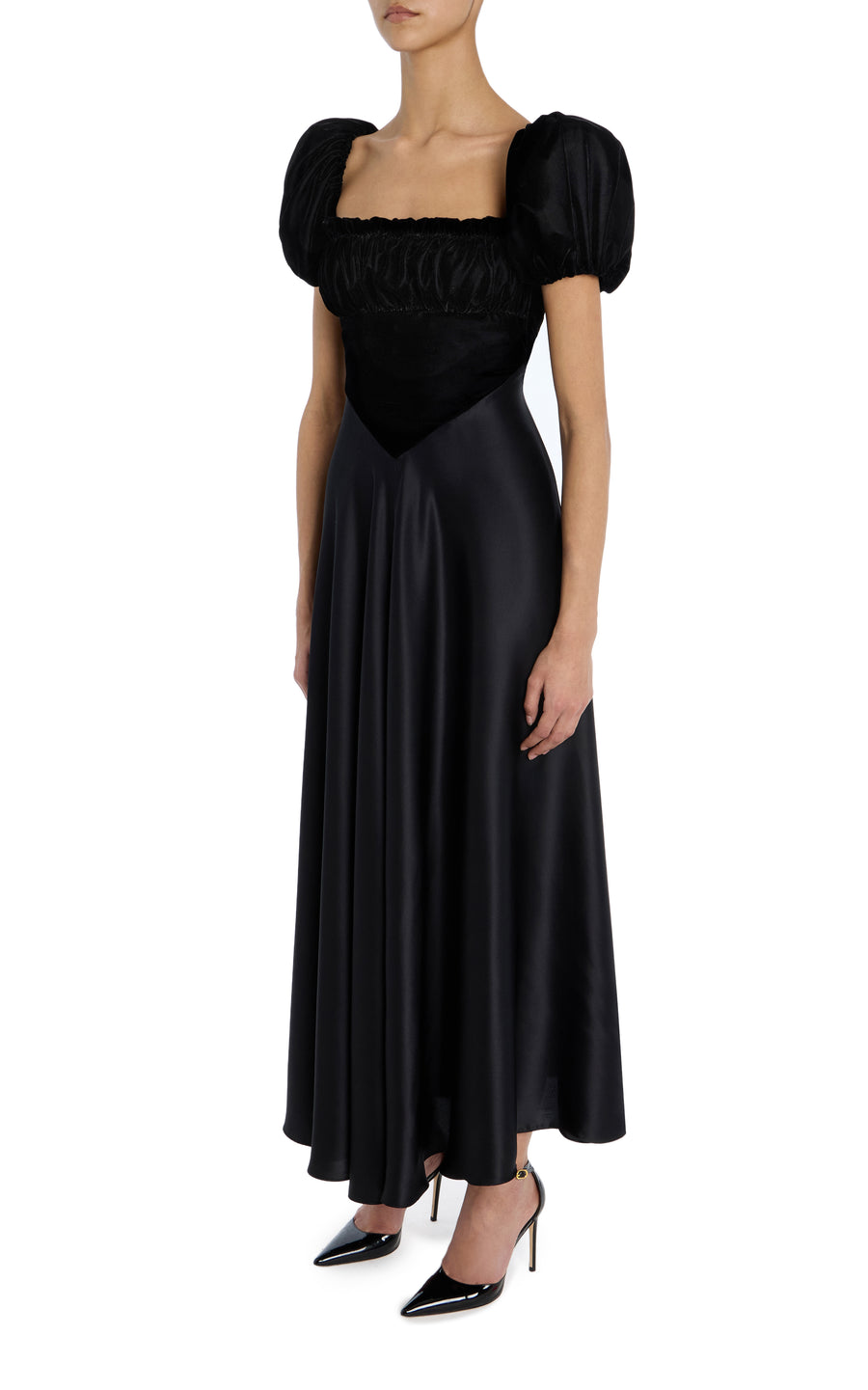 Black Velvet And Silk Satin Dress With Gathered Bust And Ribbon Detail