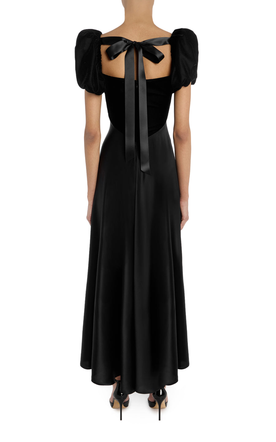 Black Velvet And Silk Satin Dress With Gathered Bust And Ribbon Detail