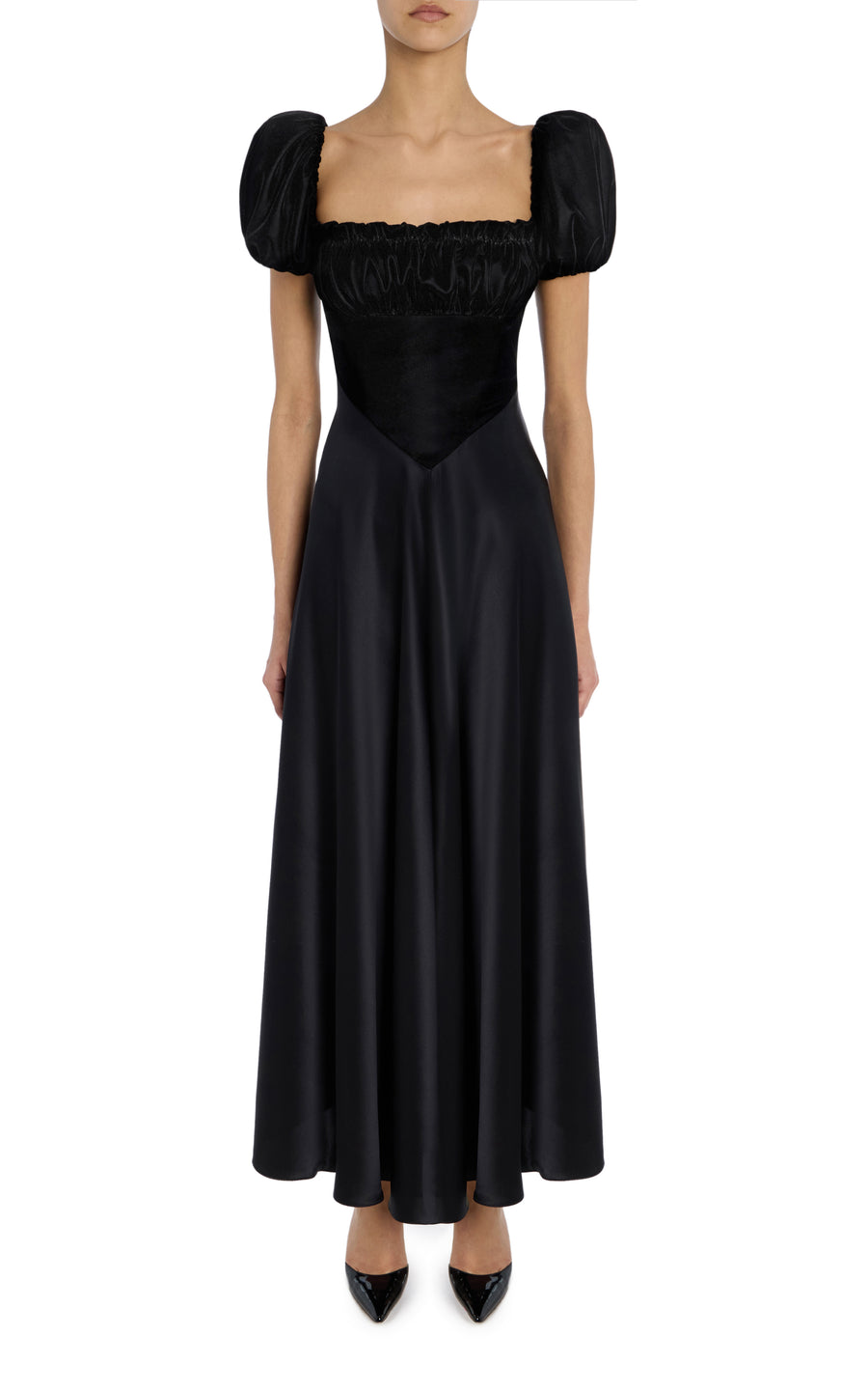 Black Velvet And Silk Satin Dress With Gathered Bust And Ribbon Detail