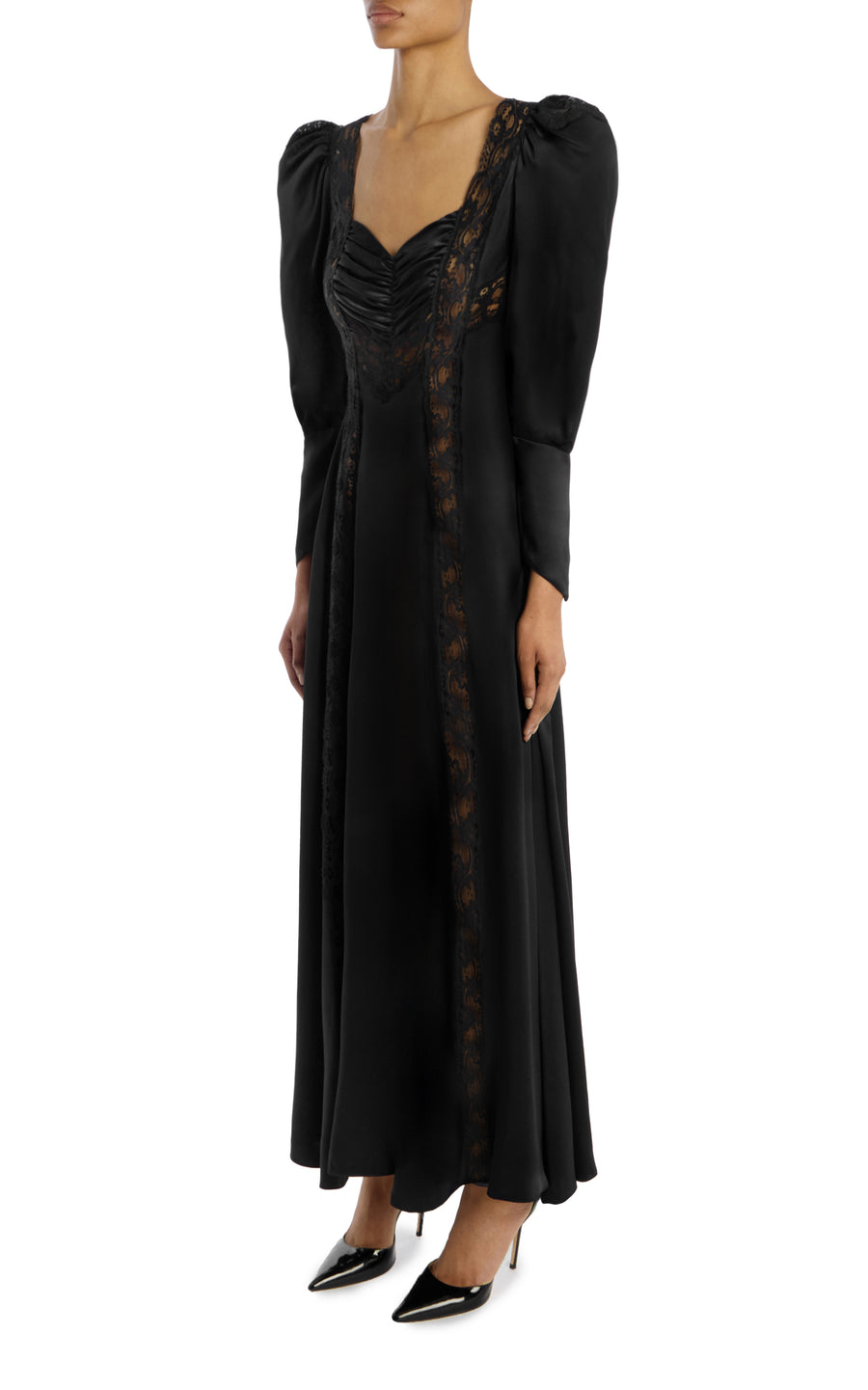 Black Silk Charmeuse Bias Gown With Lace Inlays