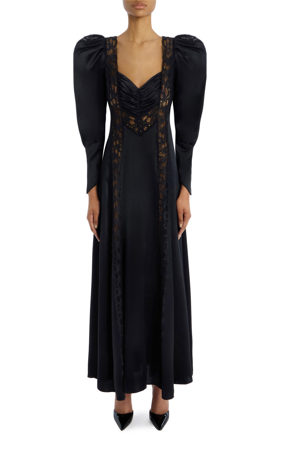 Black Silk Charmeuse Bias Gown With Lace Inlays