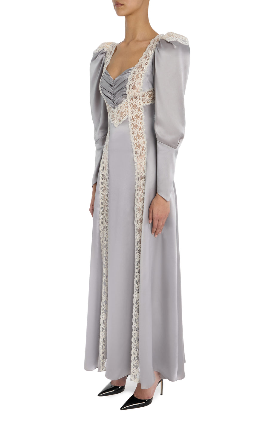 Grey Silk Charmeuse Bias Gown With Lace Inlays