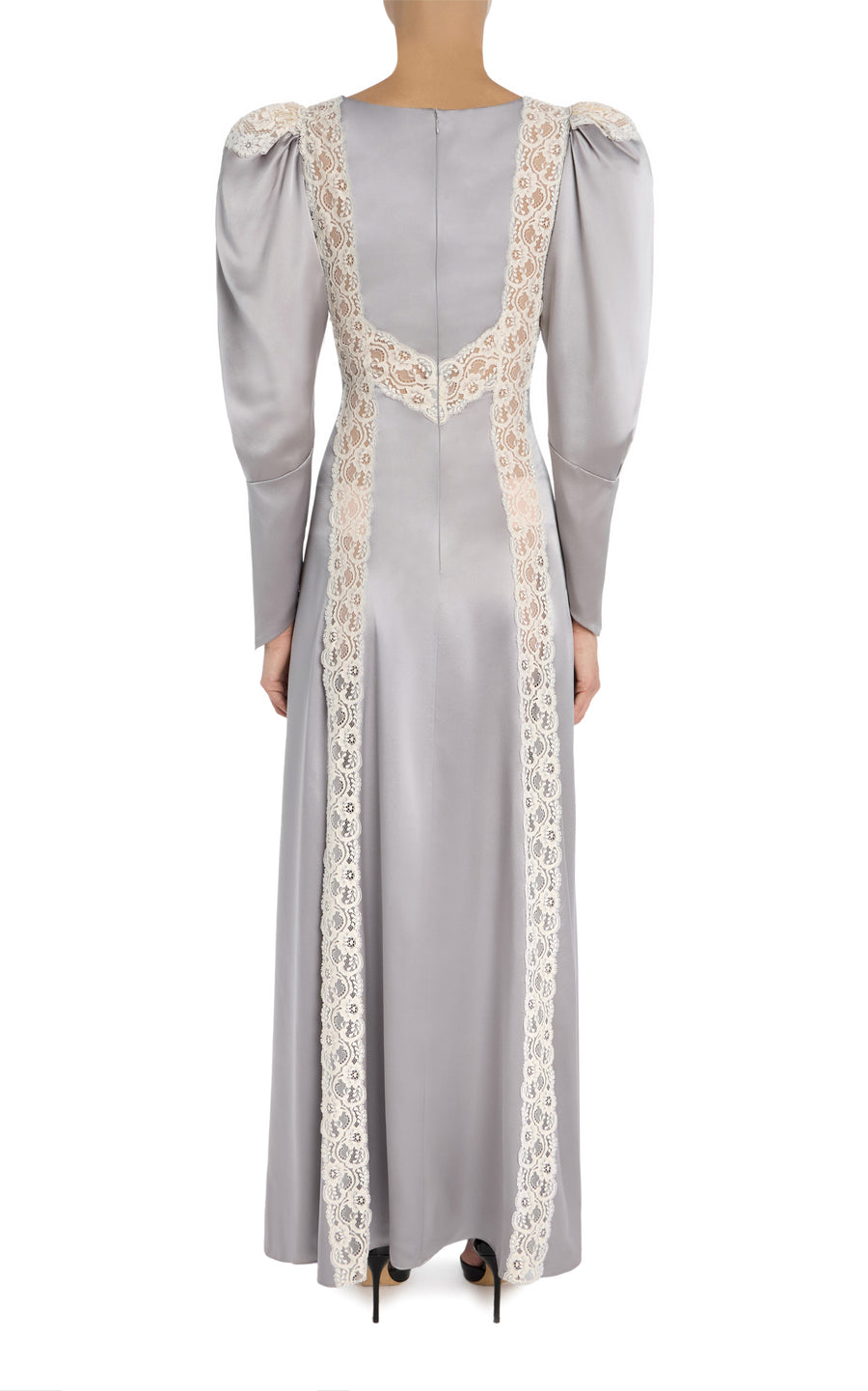 Grey Silk Charmeuse Bias Gown With Lace Inlays