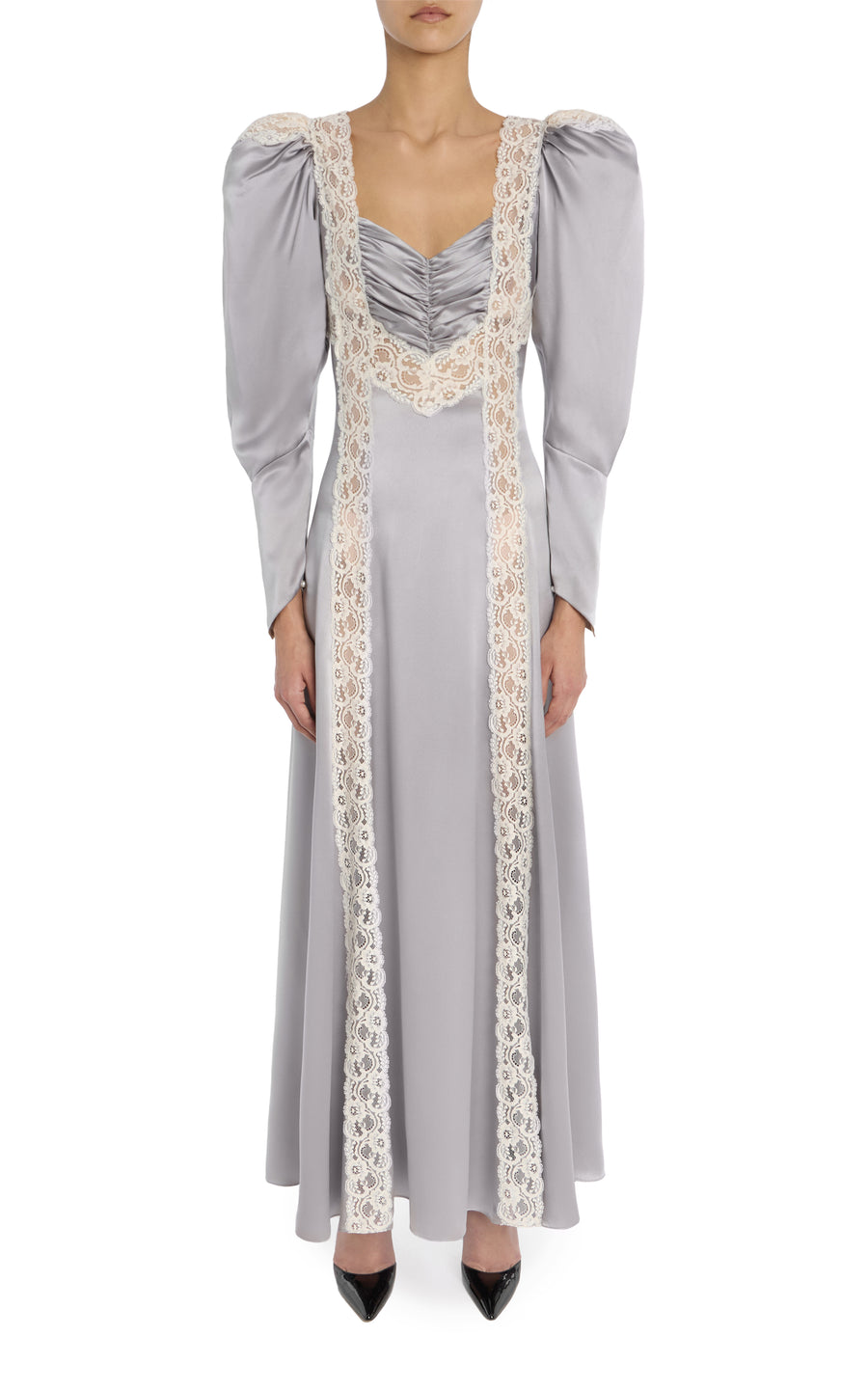 Grey Silk Charmeuse Bias Gown With Lace Inlays