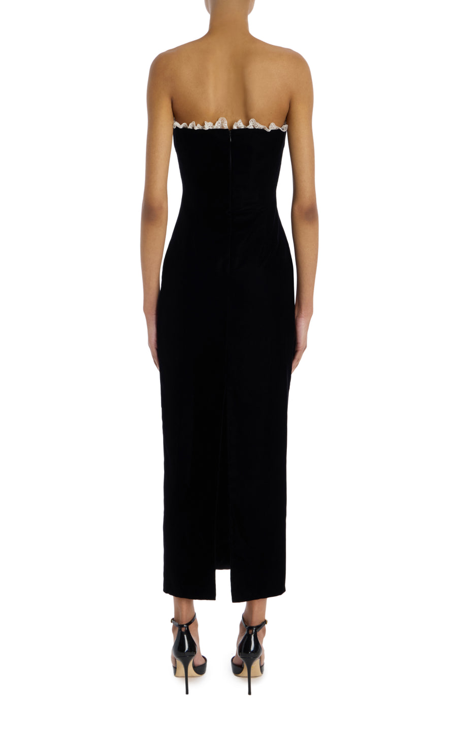 Velvet And Lace Strapless Dress With Lace Detail