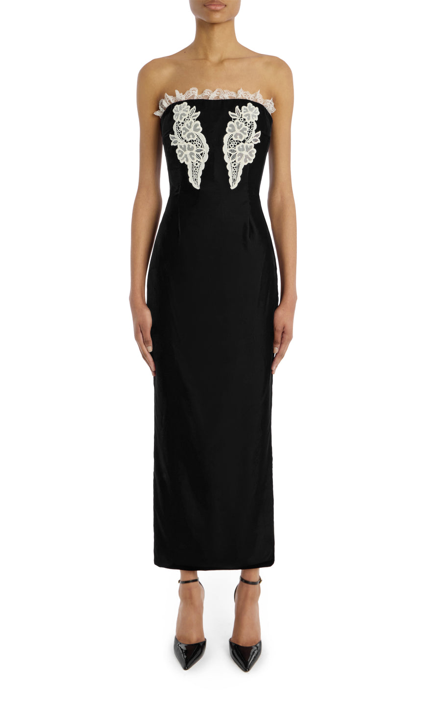 Velvet And Lace Strapless Dress With Lace Detail